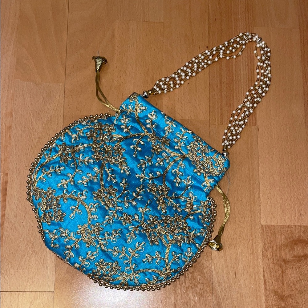 Elegant Blue and Gold Embroidered Women's Bag